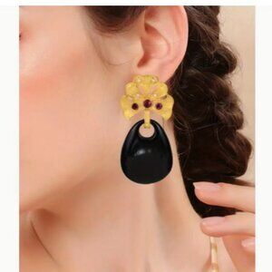 NEW Elegant Art Nouveau Jeweled Black and Gold Drop Statement Earrings